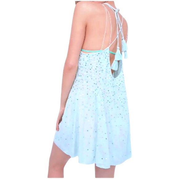 Free People Seeking Sequins Slip Dress XSmall 0 2 Blue Cross Back Tassel Ties - Picture 8 of 16